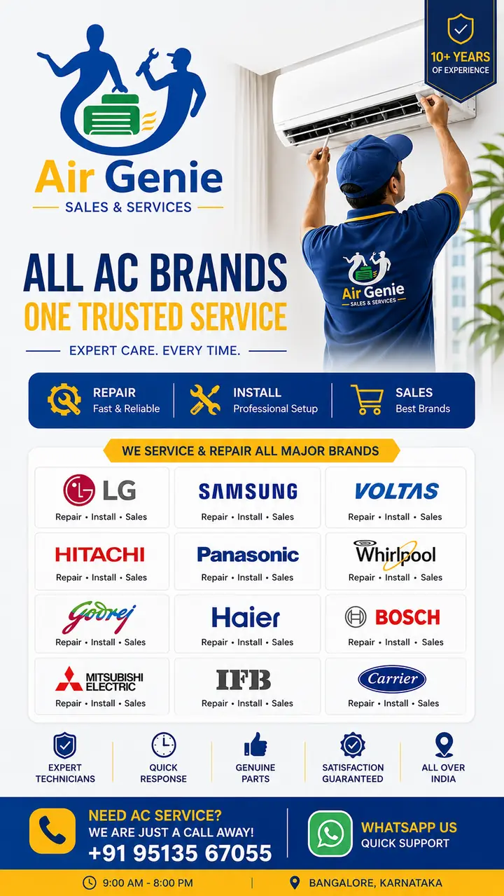 Air Genie Sales & Services flyer — all AC brands, one trusted service. Repair, install and sales across Bengaluru. Call +91 95135 67055.