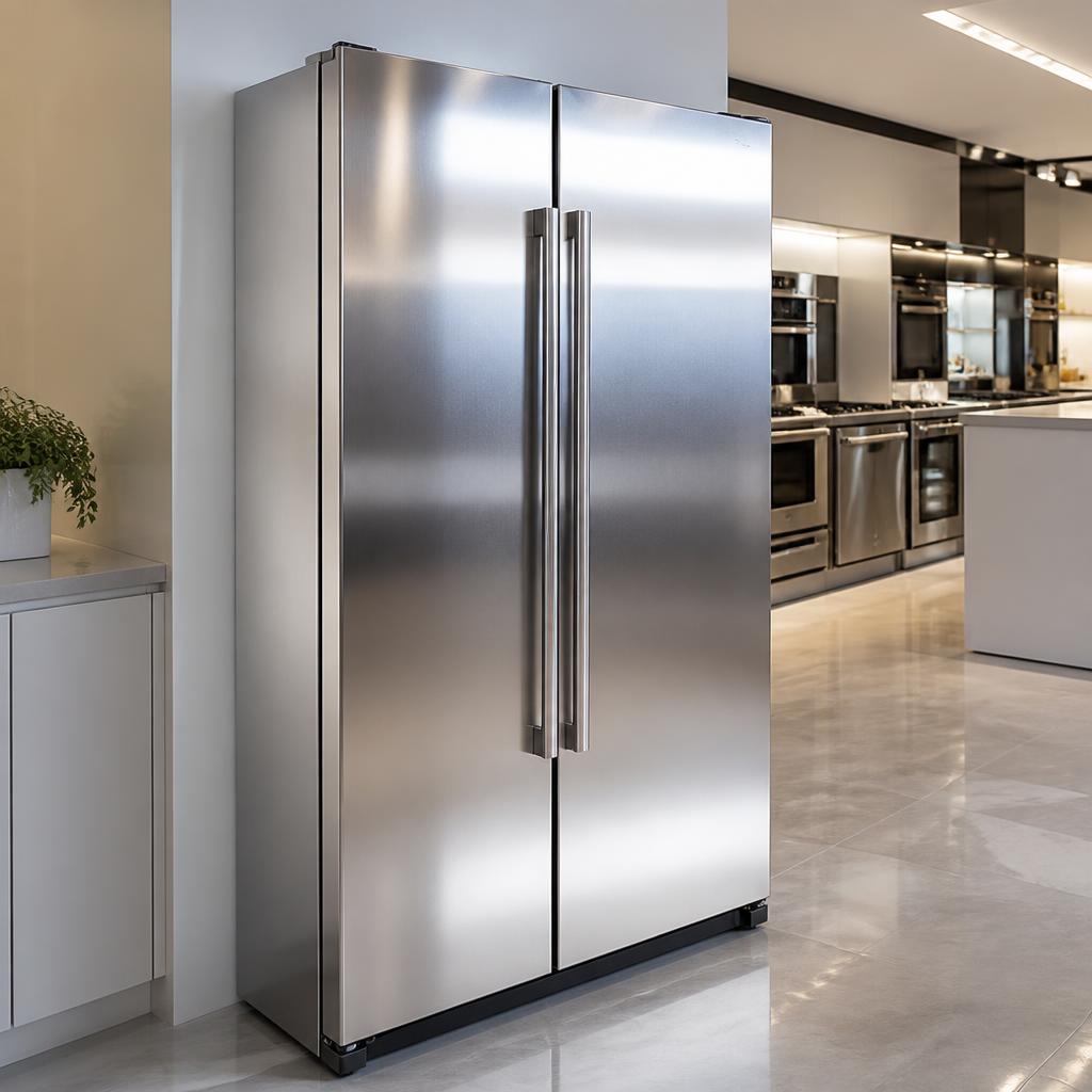 Brand new double-door refrigerator in showroom